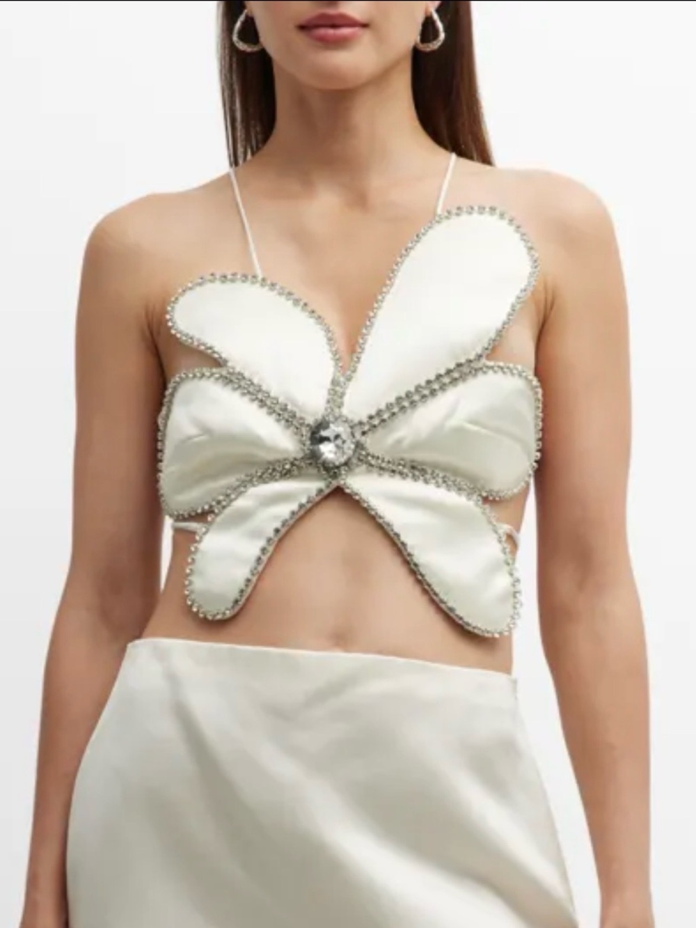 AREA Satin Crystal-Embellished Flower Crop Top